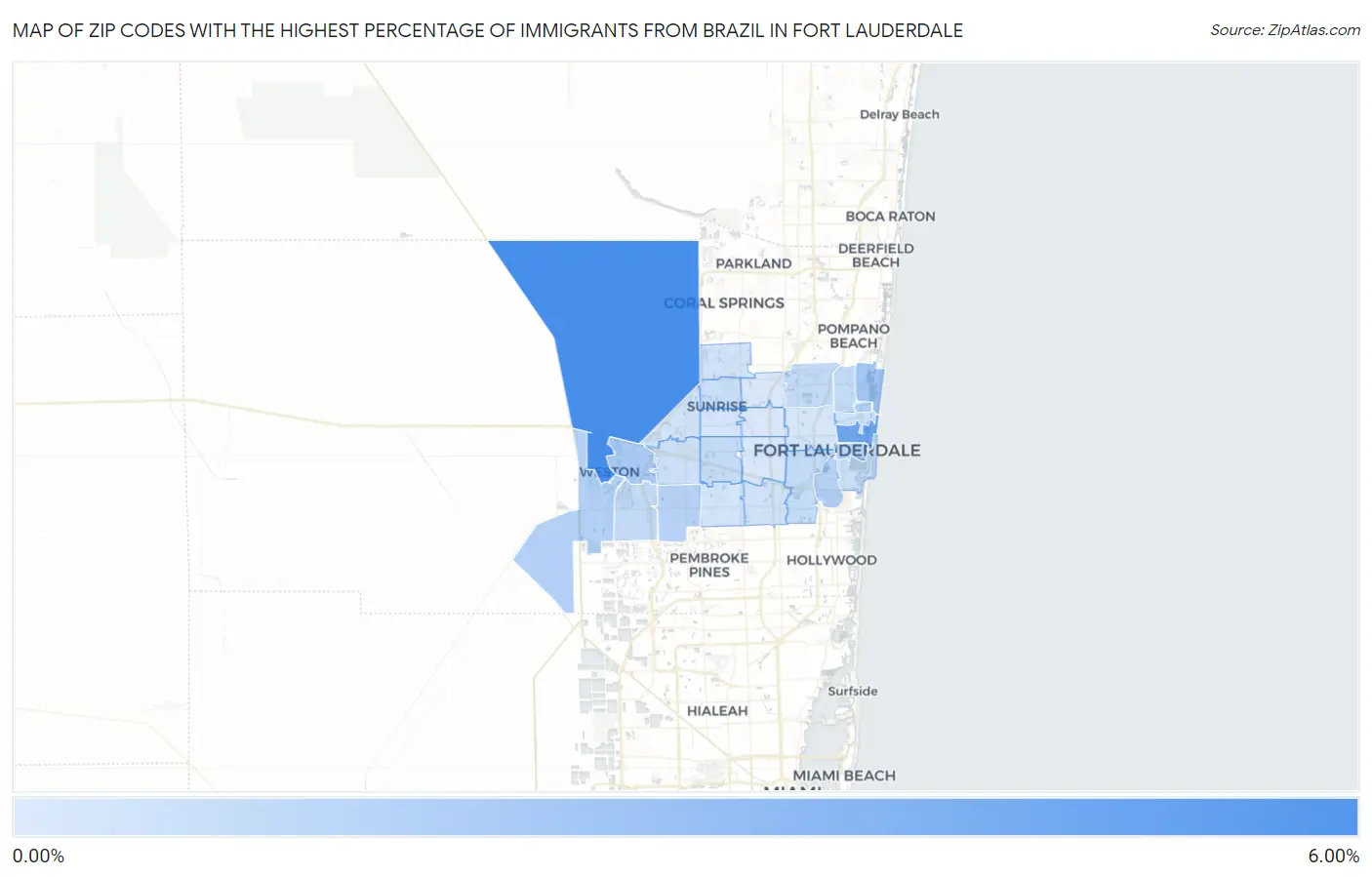 Zip Codes with the Highest Percentage of Immigrants from Brazil in Fort Lauderdale Map