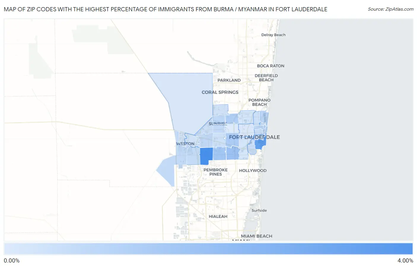 Zip Codes with the Highest Percentage of Immigrants from Burma / Myanmar in Fort Lauderdale Map