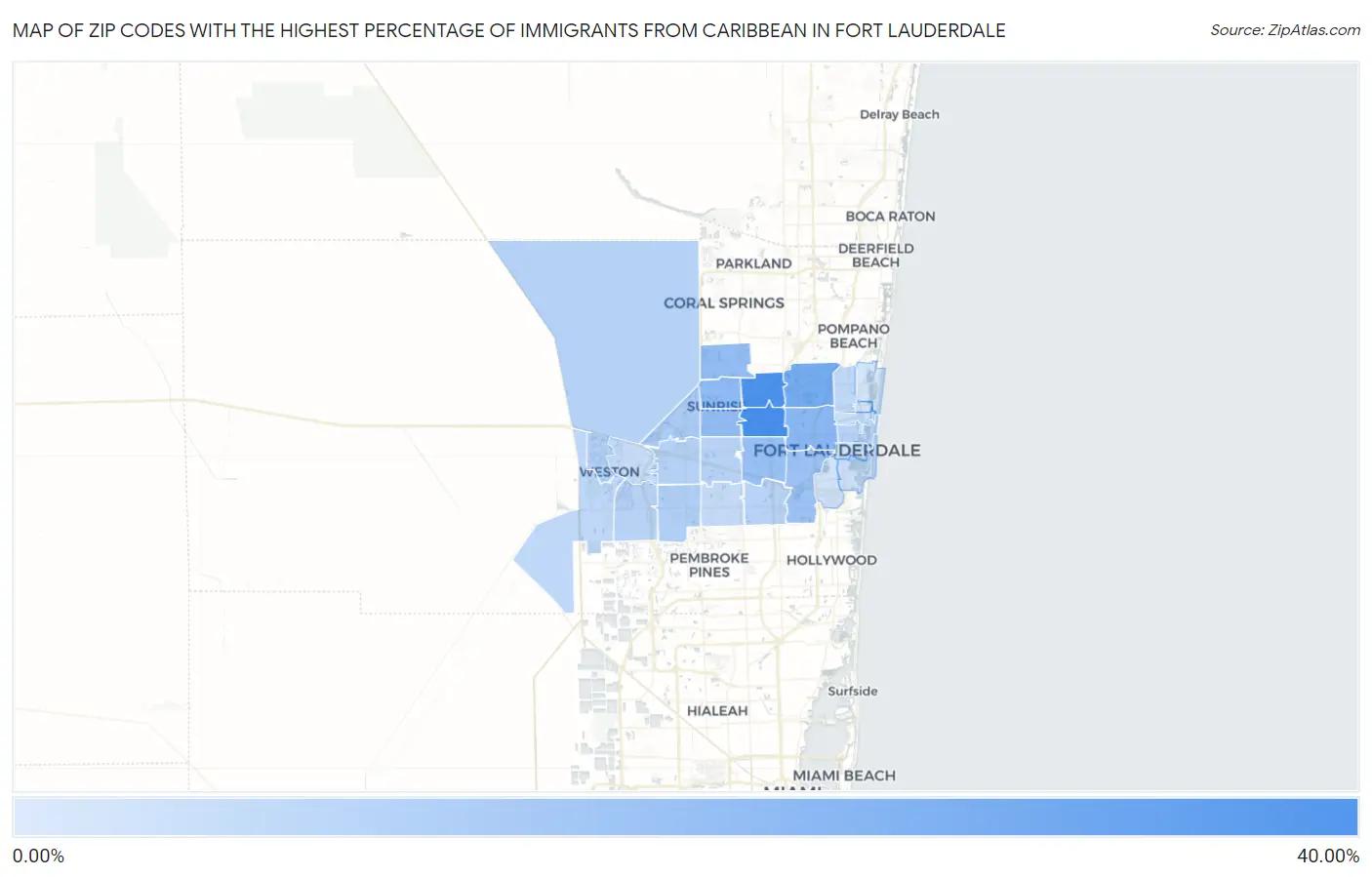 Zip Codes with the Highest Percentage of Immigrants from Caribbean in Fort Lauderdale Map