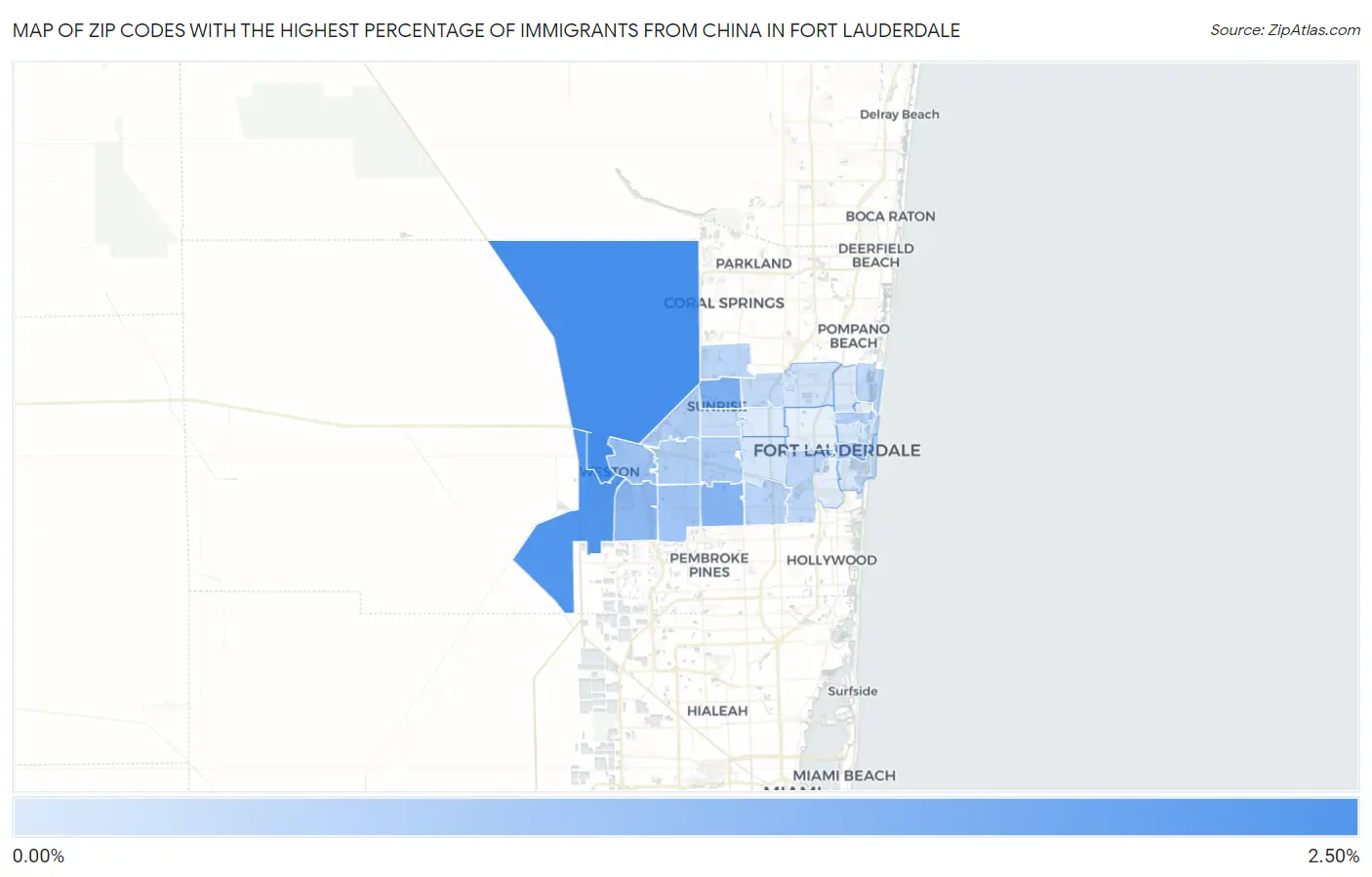 Zip Codes with the Highest Percentage of Immigrants from China in Fort Lauderdale Map