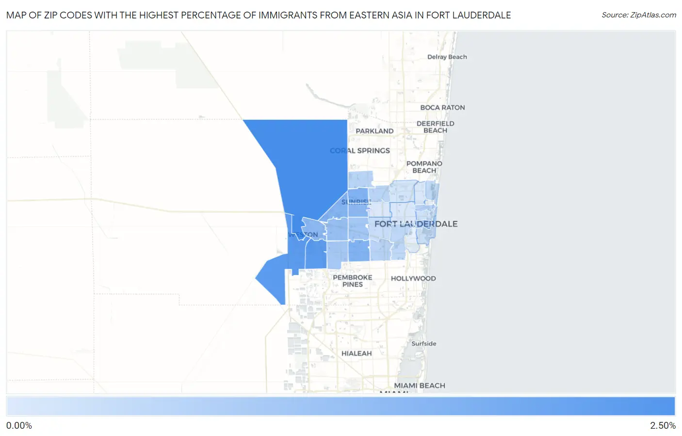 Zip Codes with the Highest Percentage of Immigrants from Eastern Asia in Fort Lauderdale Map