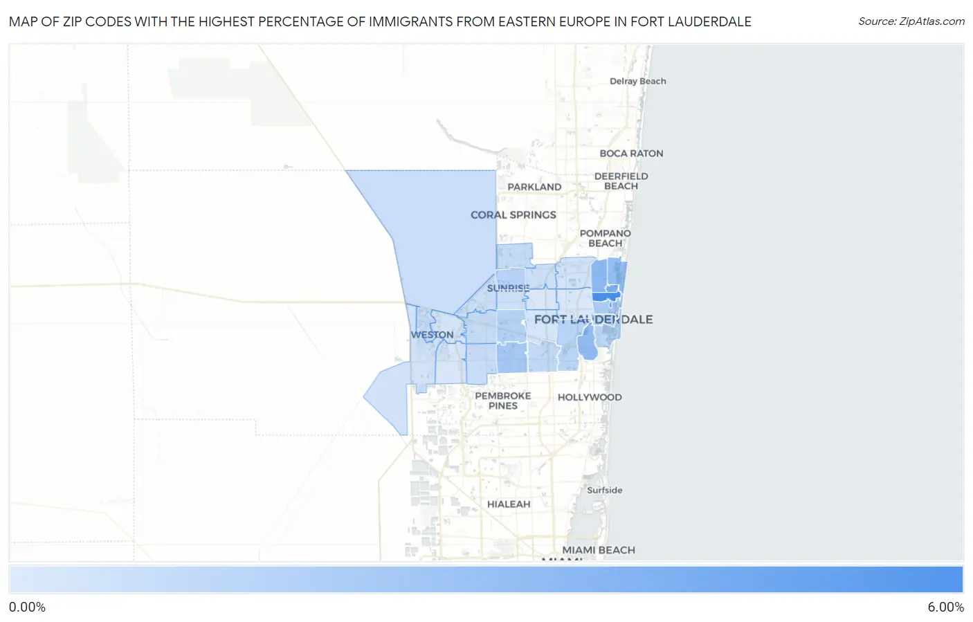 Zip Codes with the Highest Percentage of Immigrants from Eastern Europe in Fort Lauderdale Map