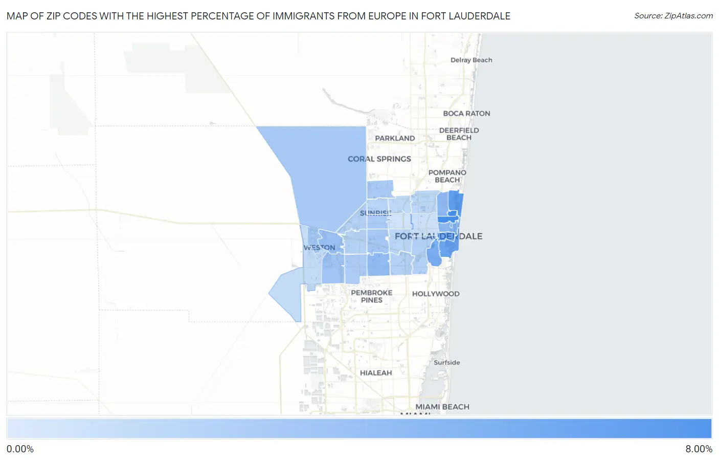 Zip Codes with the Highest Percentage of Immigrants from Europe in Fort Lauderdale Map