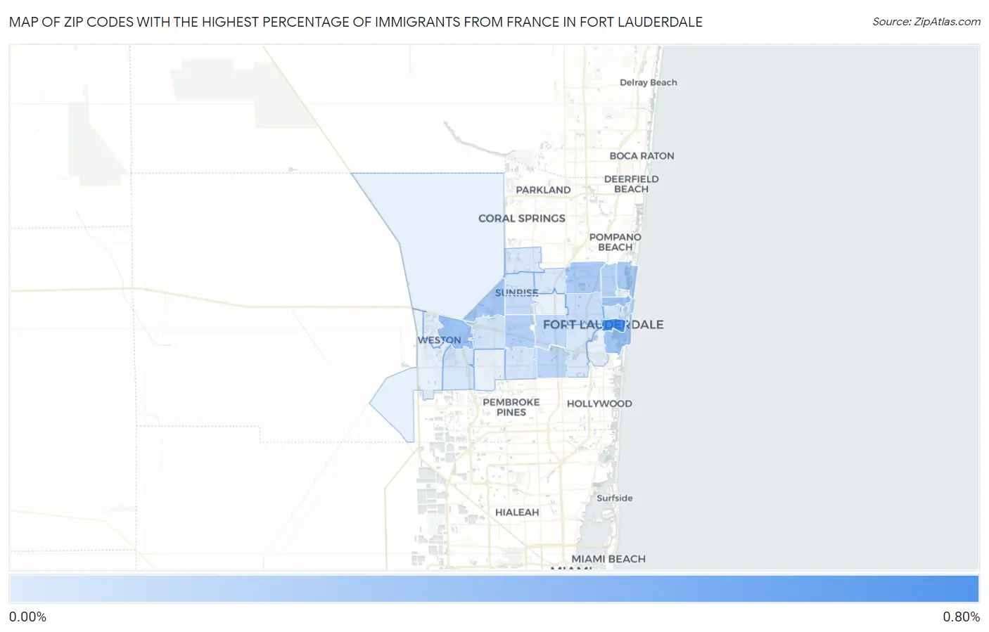 Zip Codes with the Highest Percentage of Immigrants from France in Fort Lauderdale Map