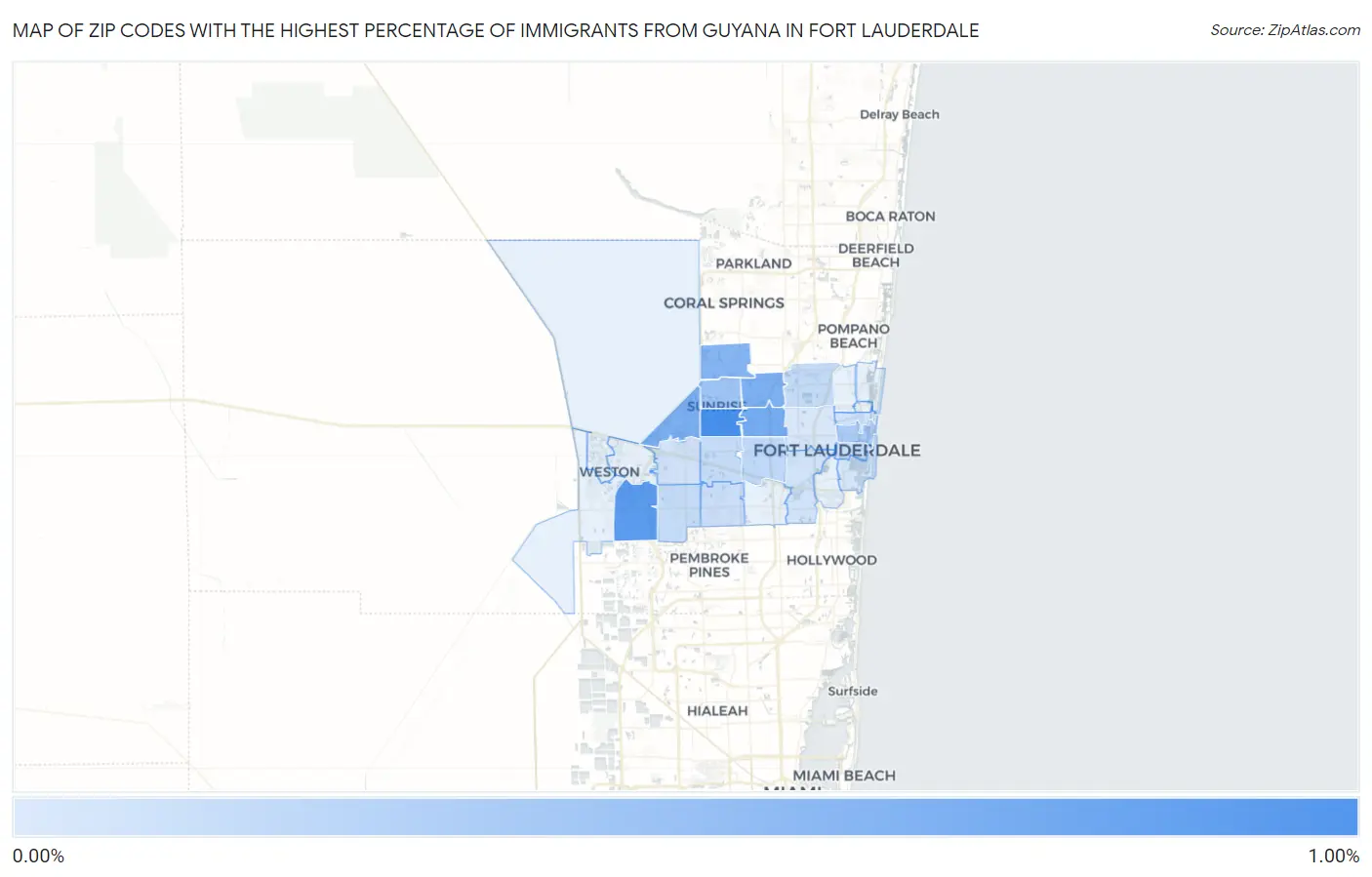 Zip Codes with the Highest Percentage of Immigrants from Guyana in Fort Lauderdale Map