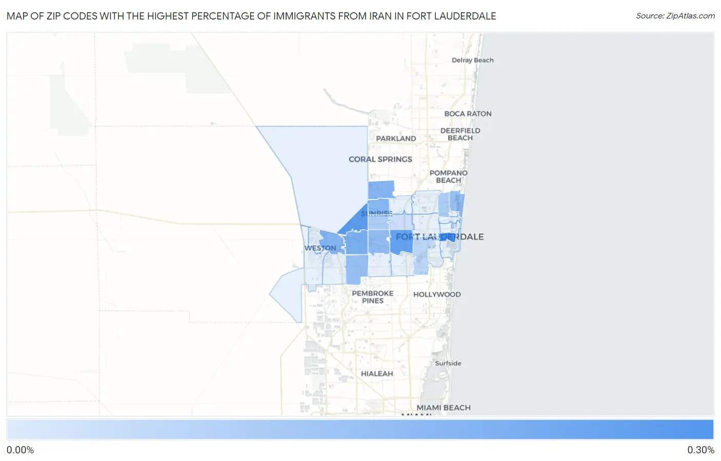 Zip Codes with the Highest Percentage of Immigrants from Iran in Fort Lauderdale Map