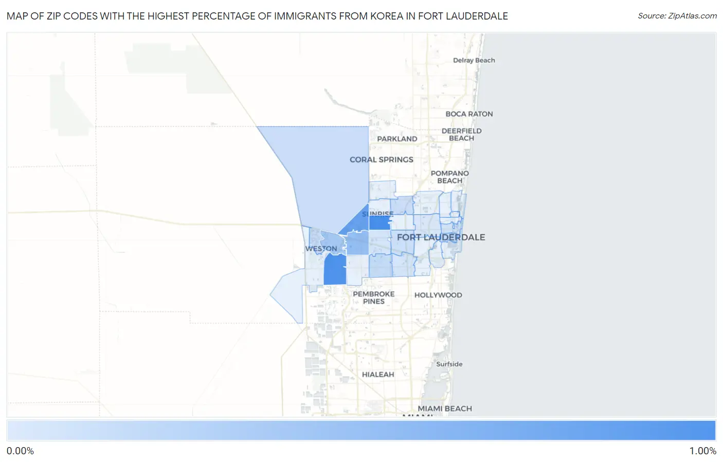 Zip Codes with the Highest Percentage of Immigrants from Korea in Fort Lauderdale Map