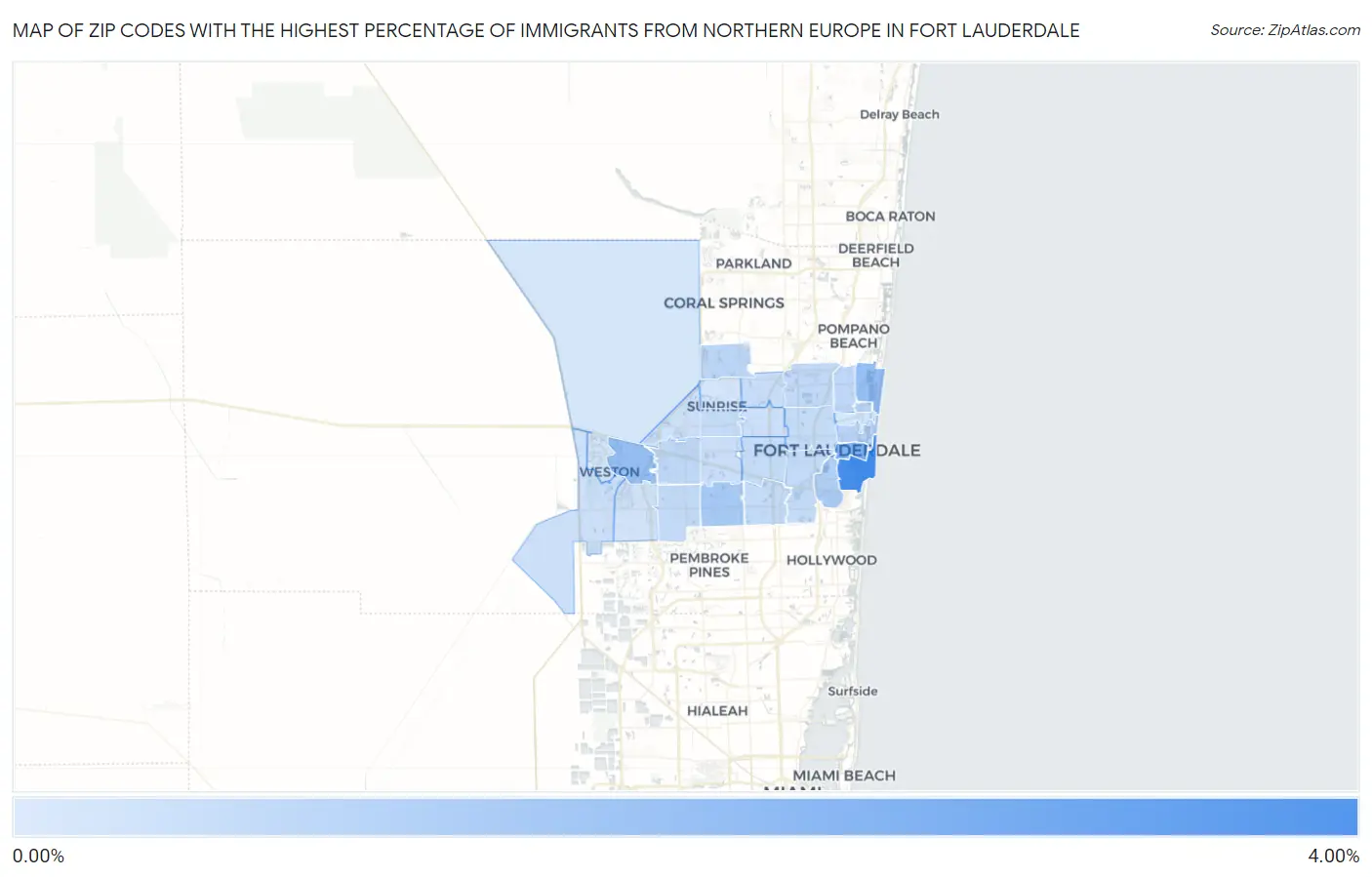 Zip Codes with the Highest Percentage of Immigrants from Northern Europe in Fort Lauderdale Map