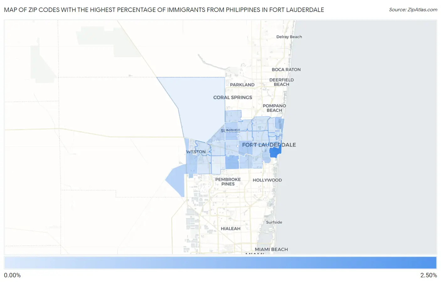 Zip Codes with the Highest Percentage of Immigrants from Philippines in Fort Lauderdale Map