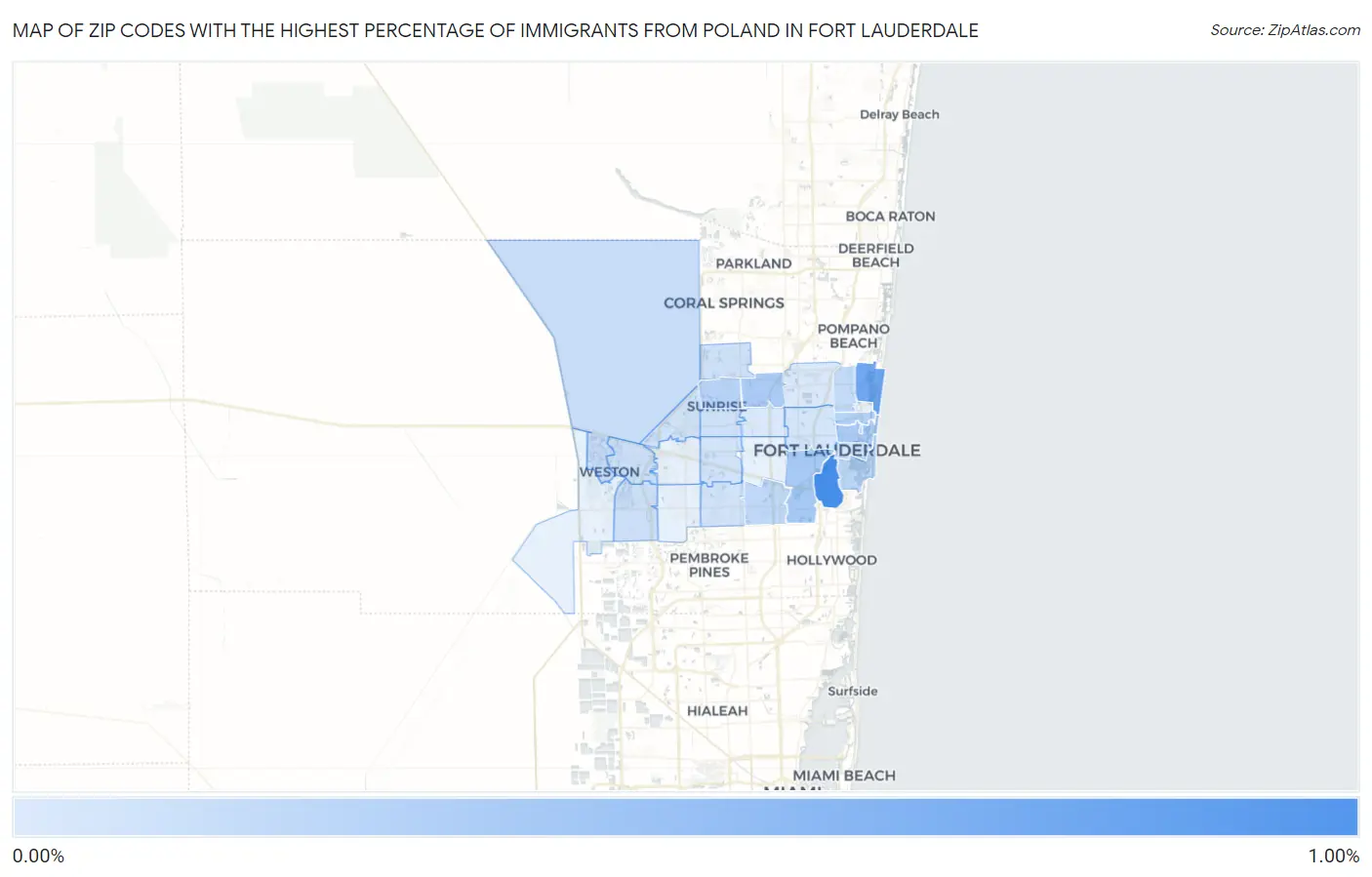Zip Codes with the Highest Percentage of Immigrants from Poland in Fort Lauderdale Map