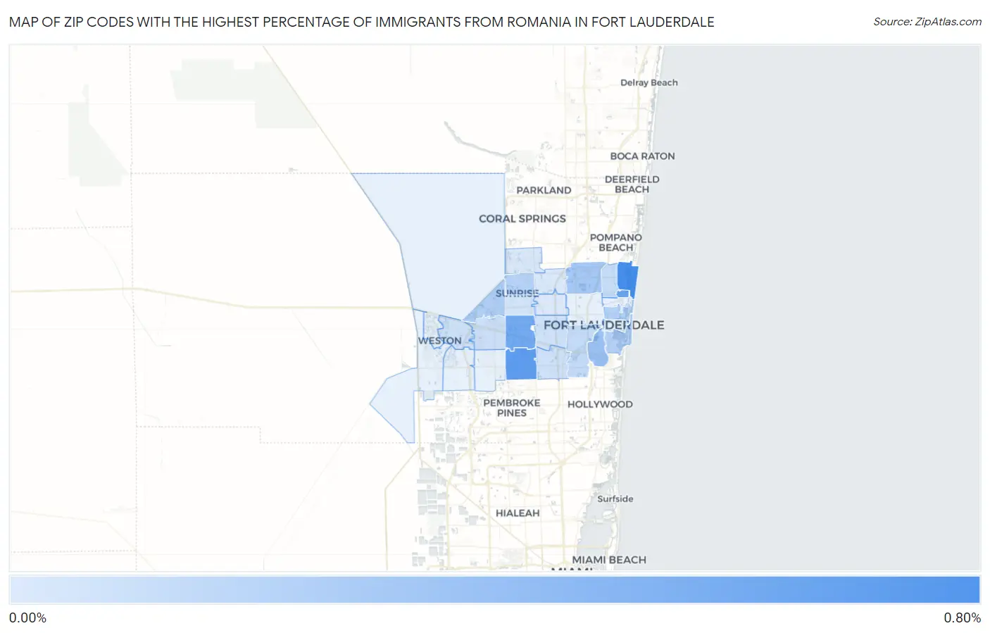 Zip Codes with the Highest Percentage of Immigrants from Romania in Fort Lauderdale Map