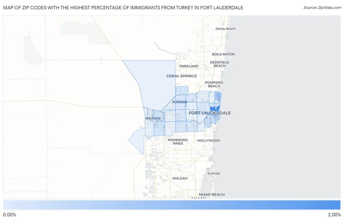 Zip Codes with the Highest Percentage of Immigrants from Turkey in Fort Lauderdale Map