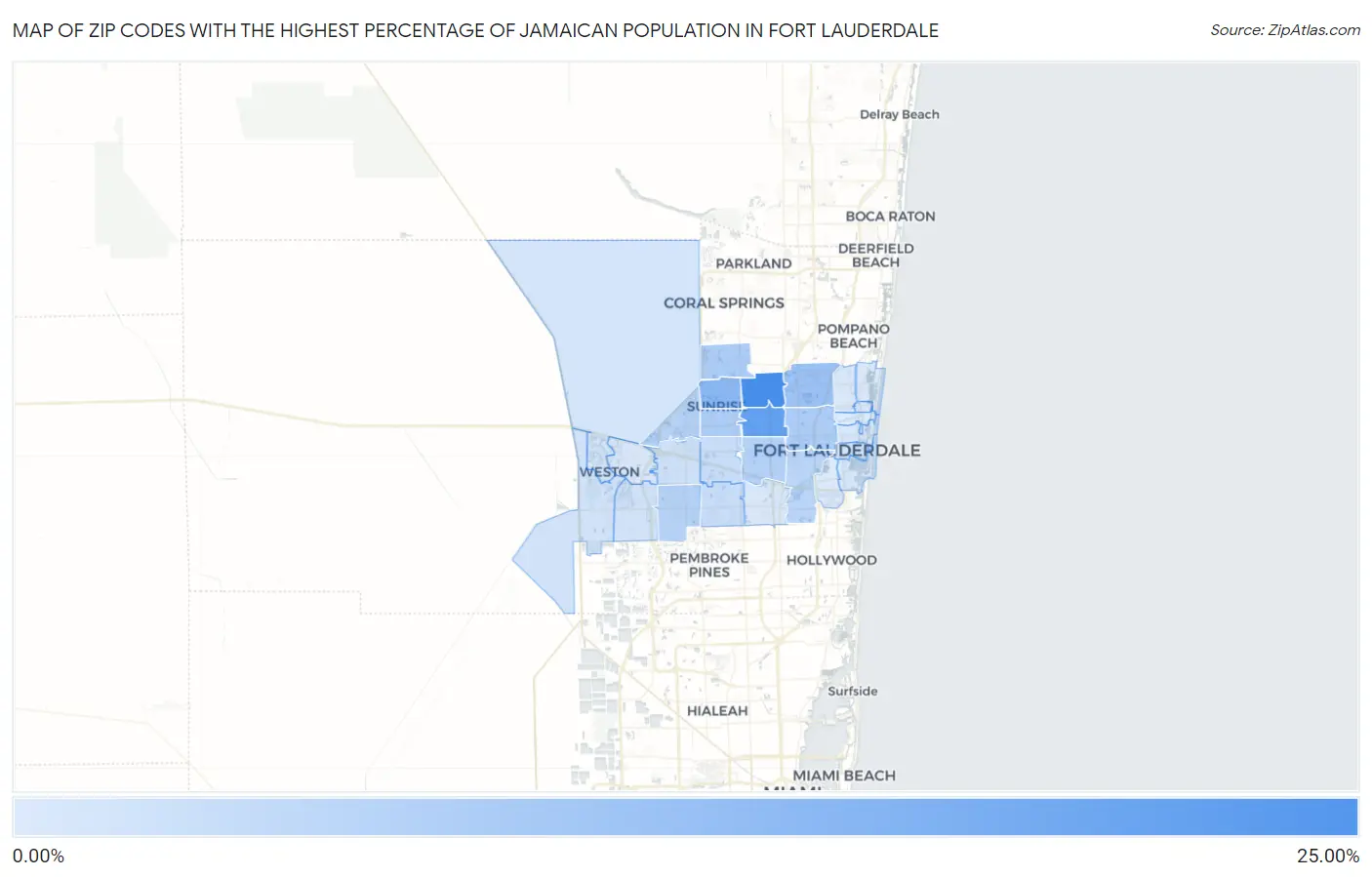 Zip Codes with the Highest Percentage of Jamaican Population in Fort Lauderdale Map