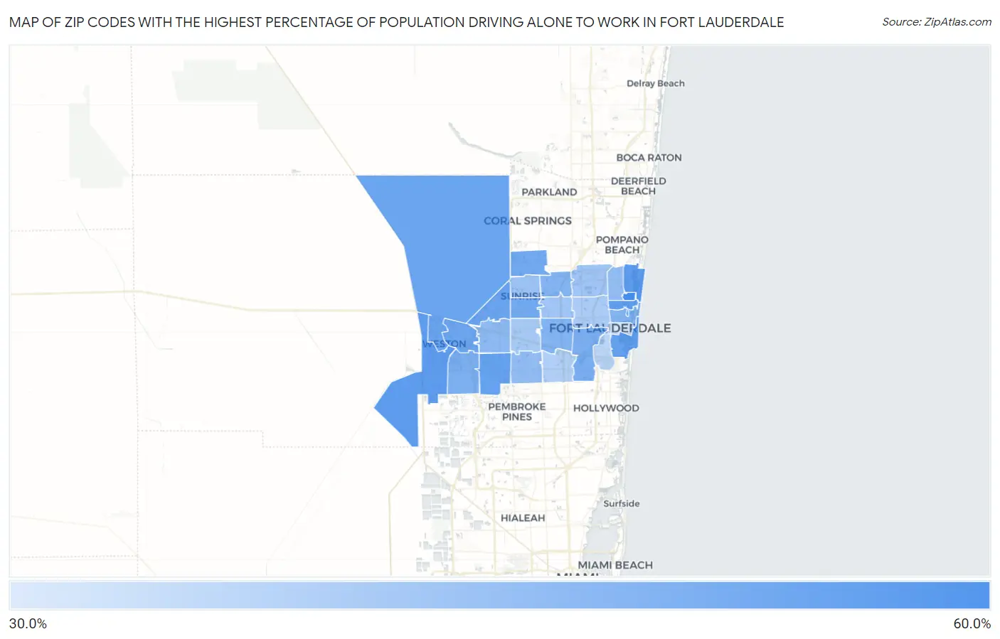 Zip Codes with the Highest Percentage of Population Driving Alone to Work in Fort Lauderdale Map