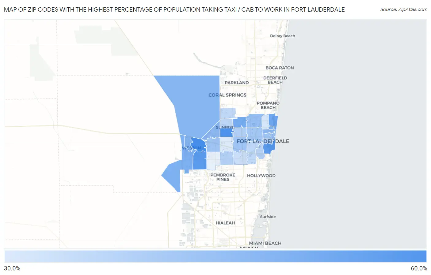Zip Codes with the Highest Percentage of Population Taking Taxi / Cab to Work in Fort Lauderdale Map