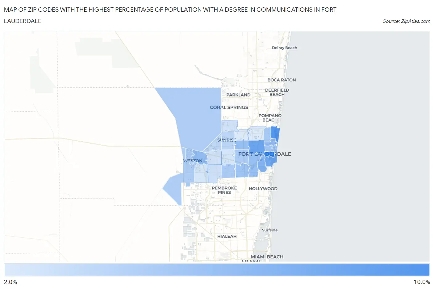 Zip Codes with the Highest Percentage of Population with a Degree in Communications in Fort Lauderdale Map