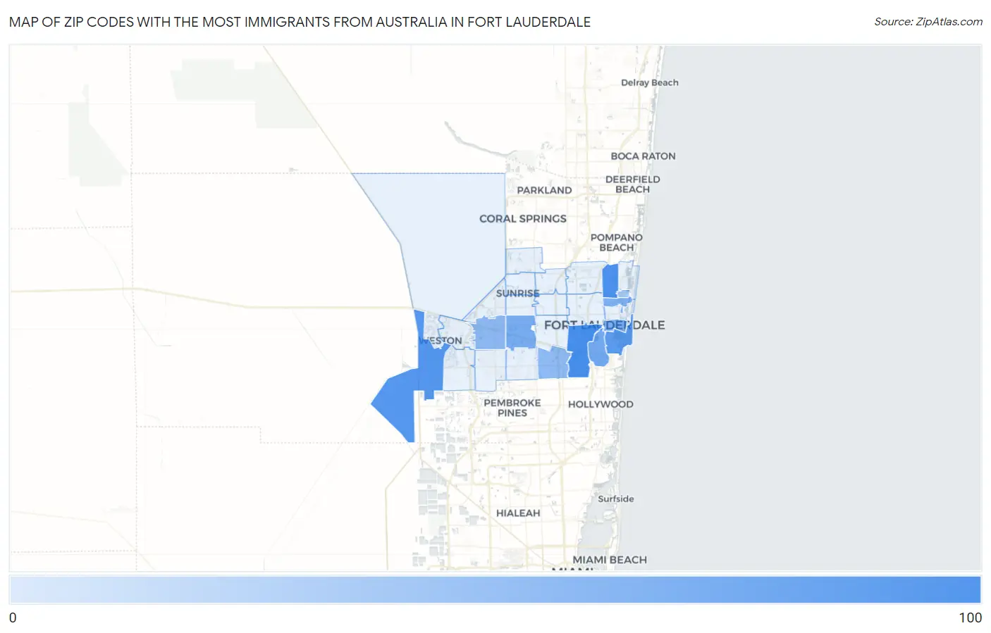 Zip Codes with the Most Immigrants from Australia in Fort Lauderdale Map