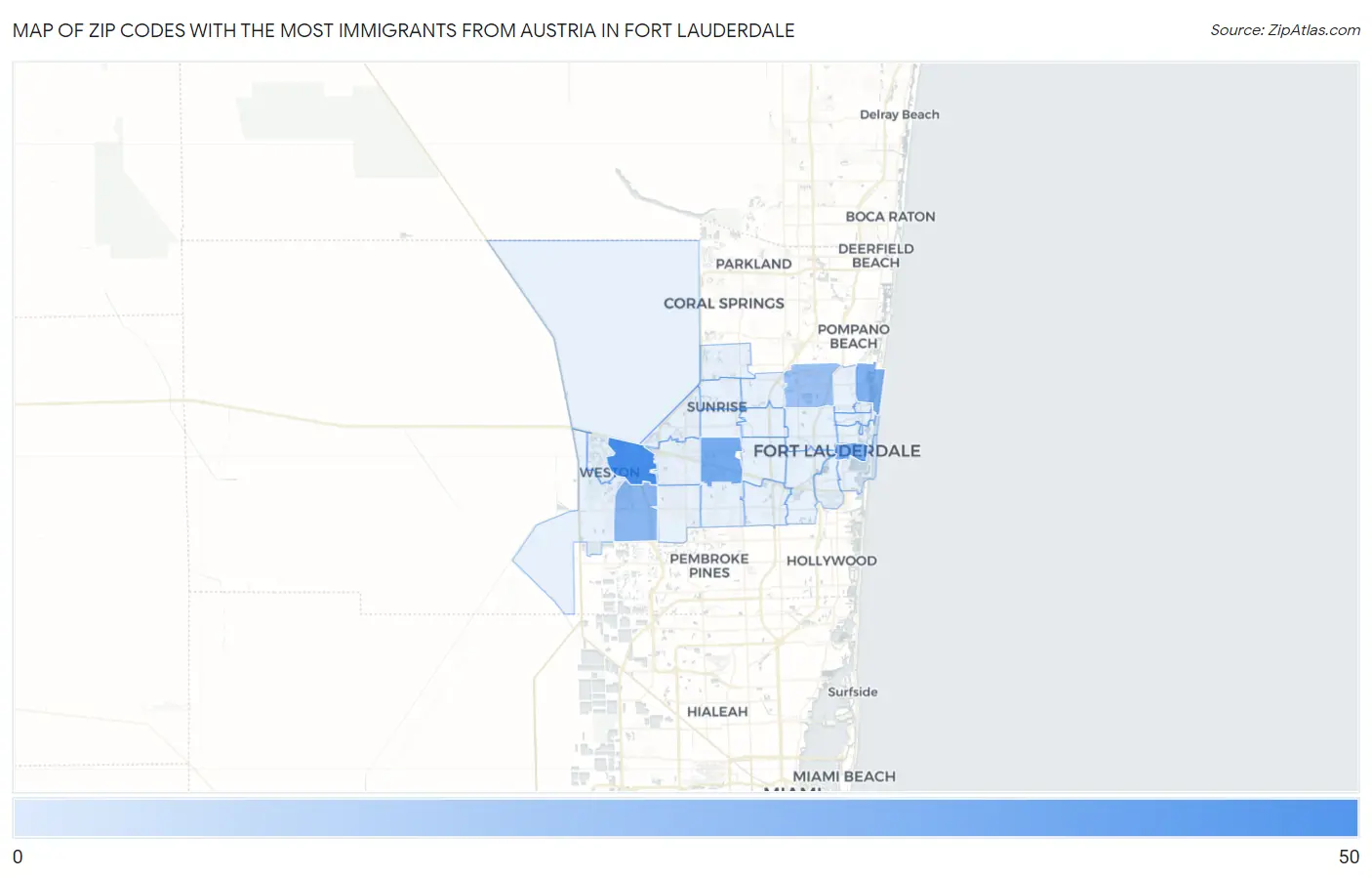 Zip Codes with the Most Immigrants from Austria in Fort Lauderdale Map
