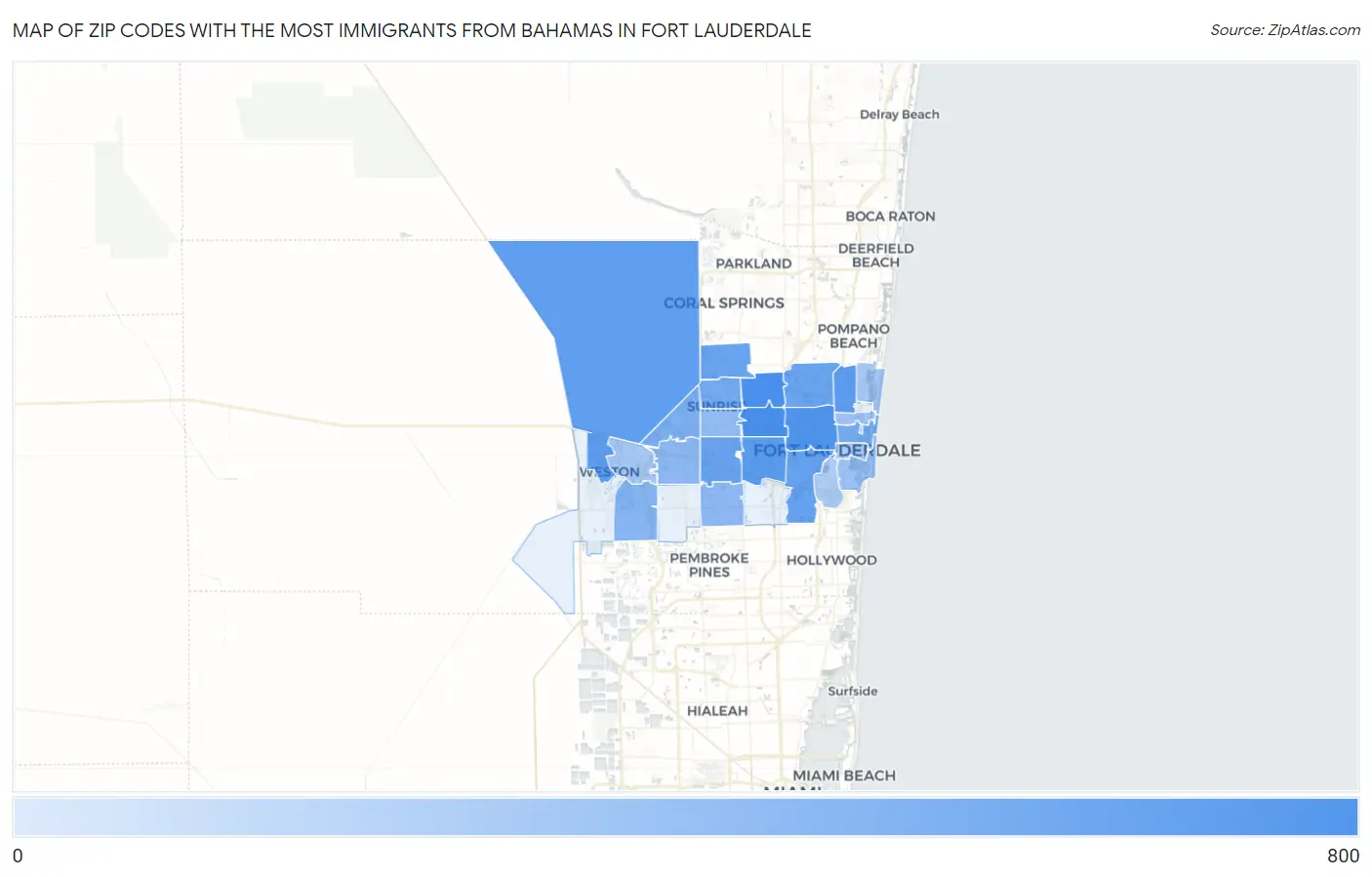 Zip Codes with the Most Immigrants from Bahamas in Fort Lauderdale Map