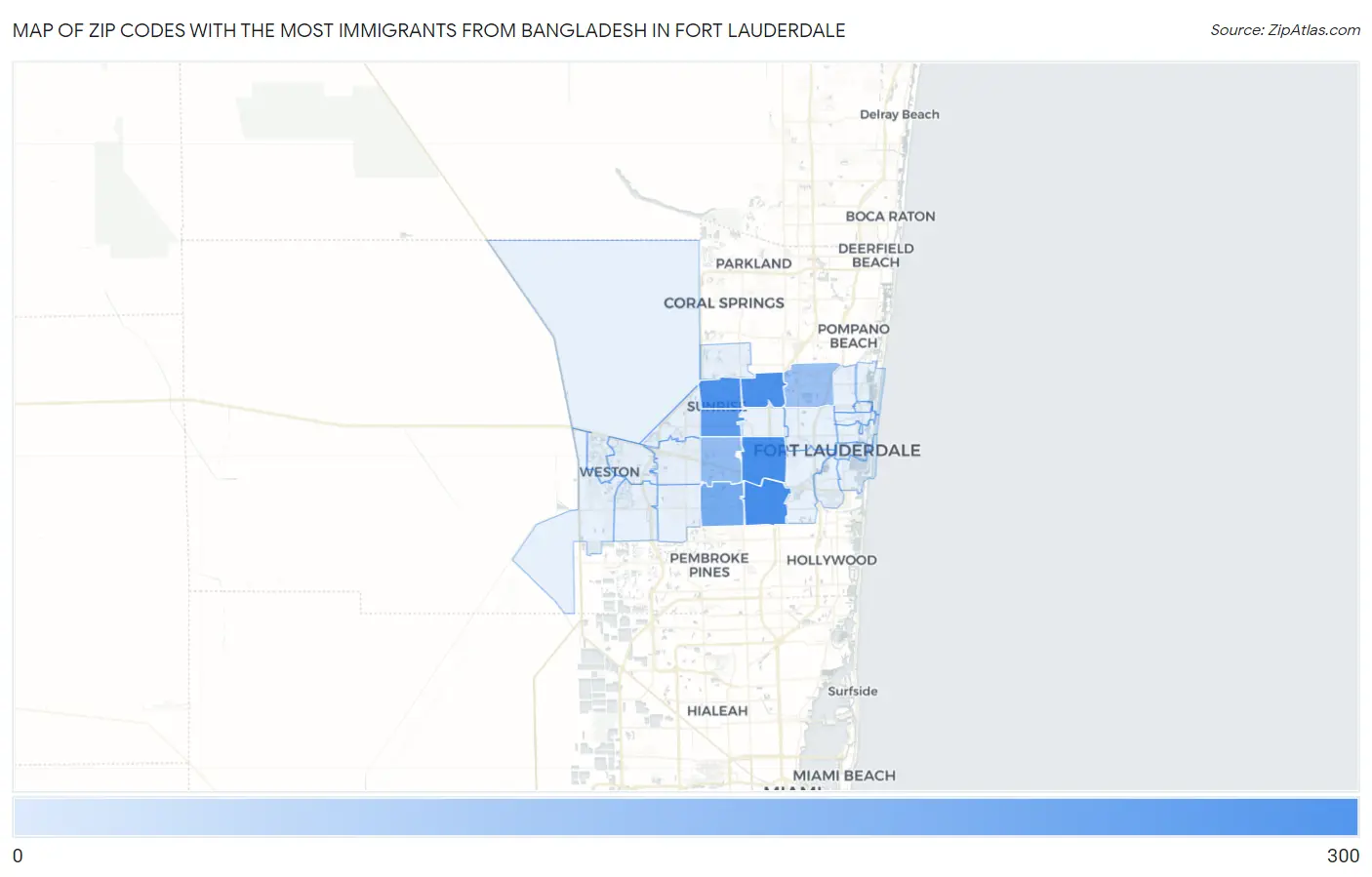Zip Codes with the Most Immigrants from Bangladesh in Fort Lauderdale Map