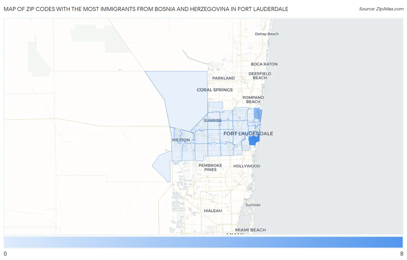 Zip Codes with the Most Immigrants from Bosnia and Herzegovina in Fort Lauderdale Map
