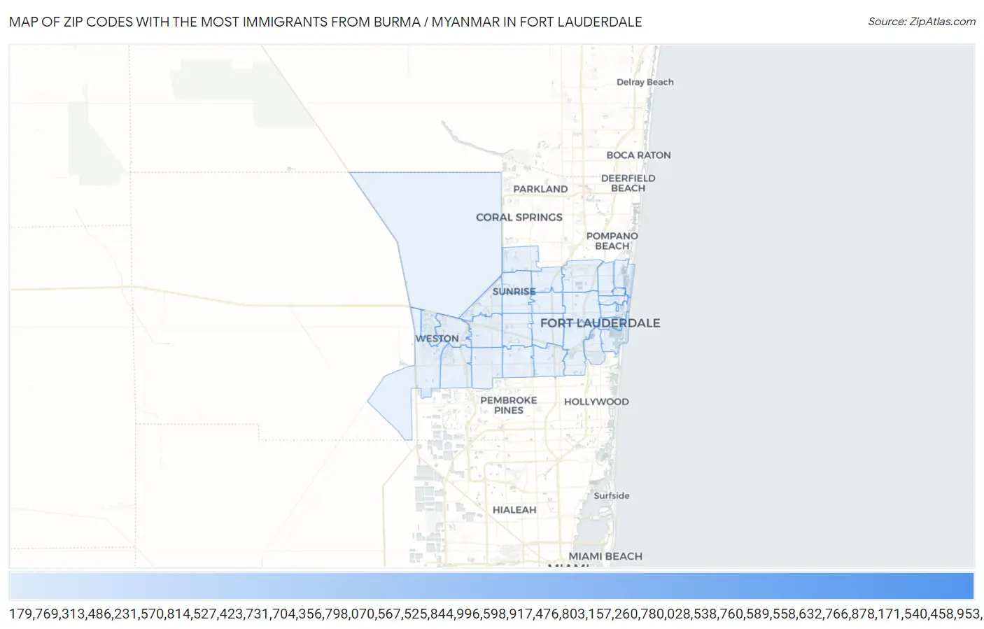 Zip Codes with the Most Immigrants from Burma / Myanmar in Fort Lauderdale Map