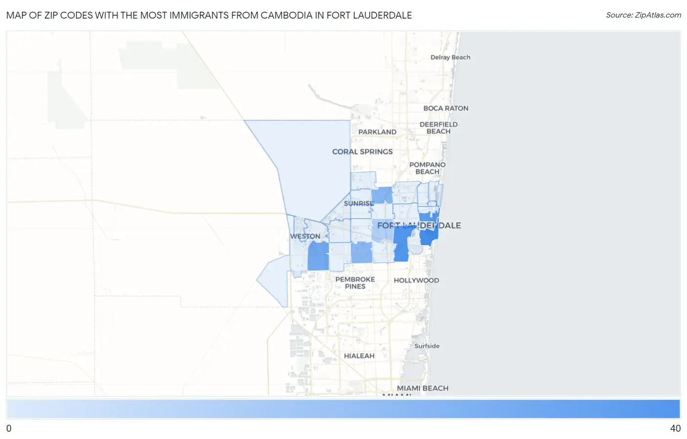 Zip Codes with the Most Immigrants from Cambodia in Fort Lauderdale Map