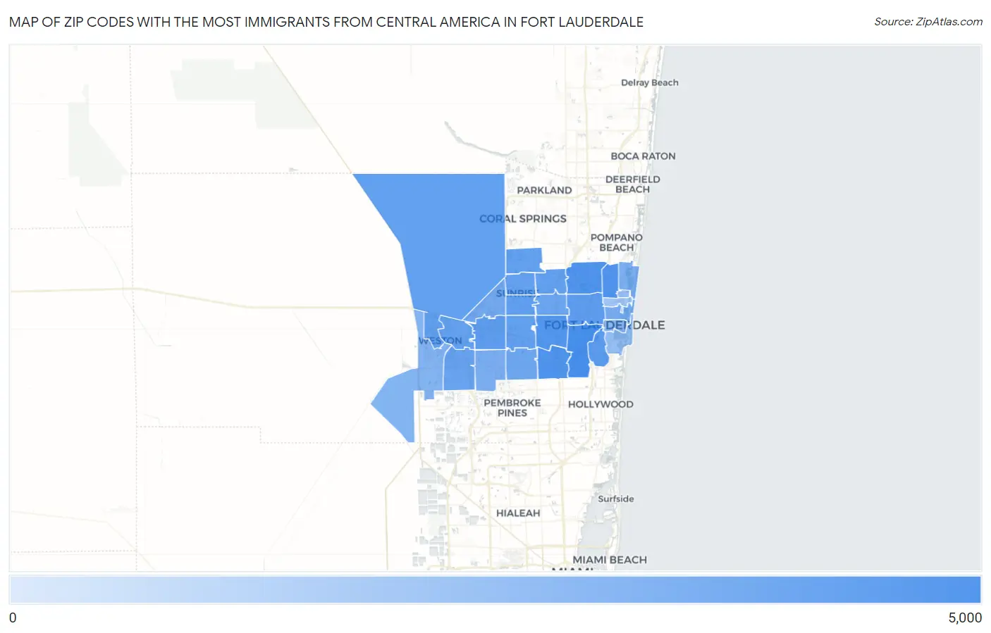Zip Codes with the Most Immigrants from Central America in Fort Lauderdale Map