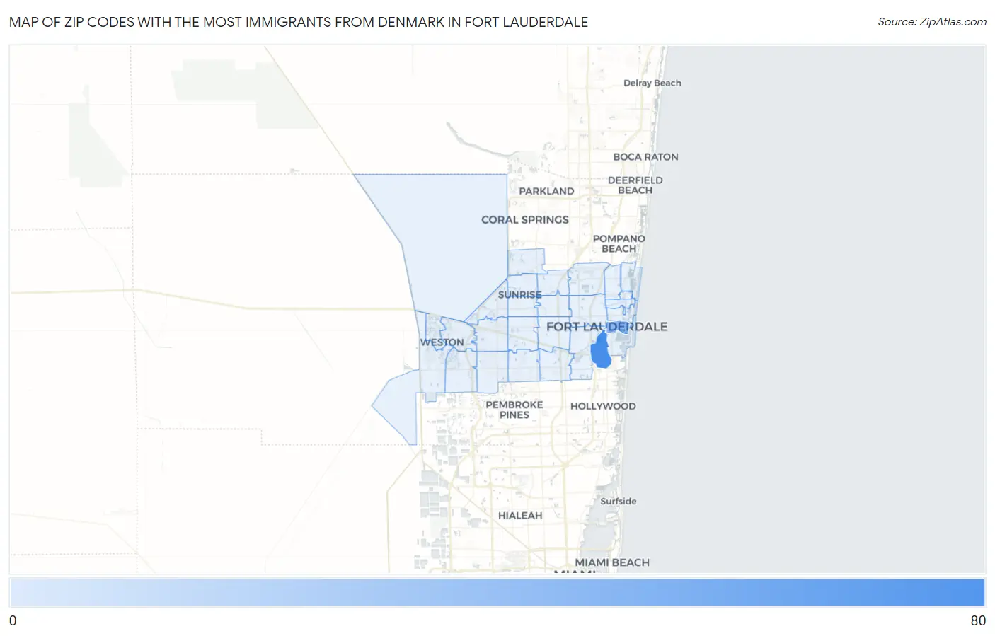 Zip Codes with the Most Immigrants from Denmark in Fort Lauderdale Map