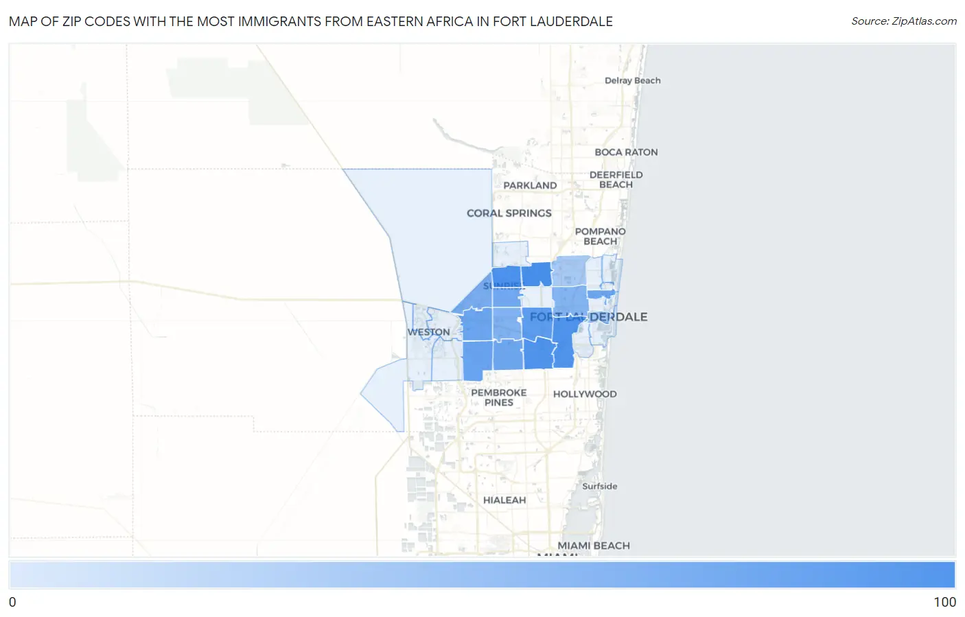 Zip Codes with the Most Immigrants from Eastern Africa in Fort Lauderdale Map