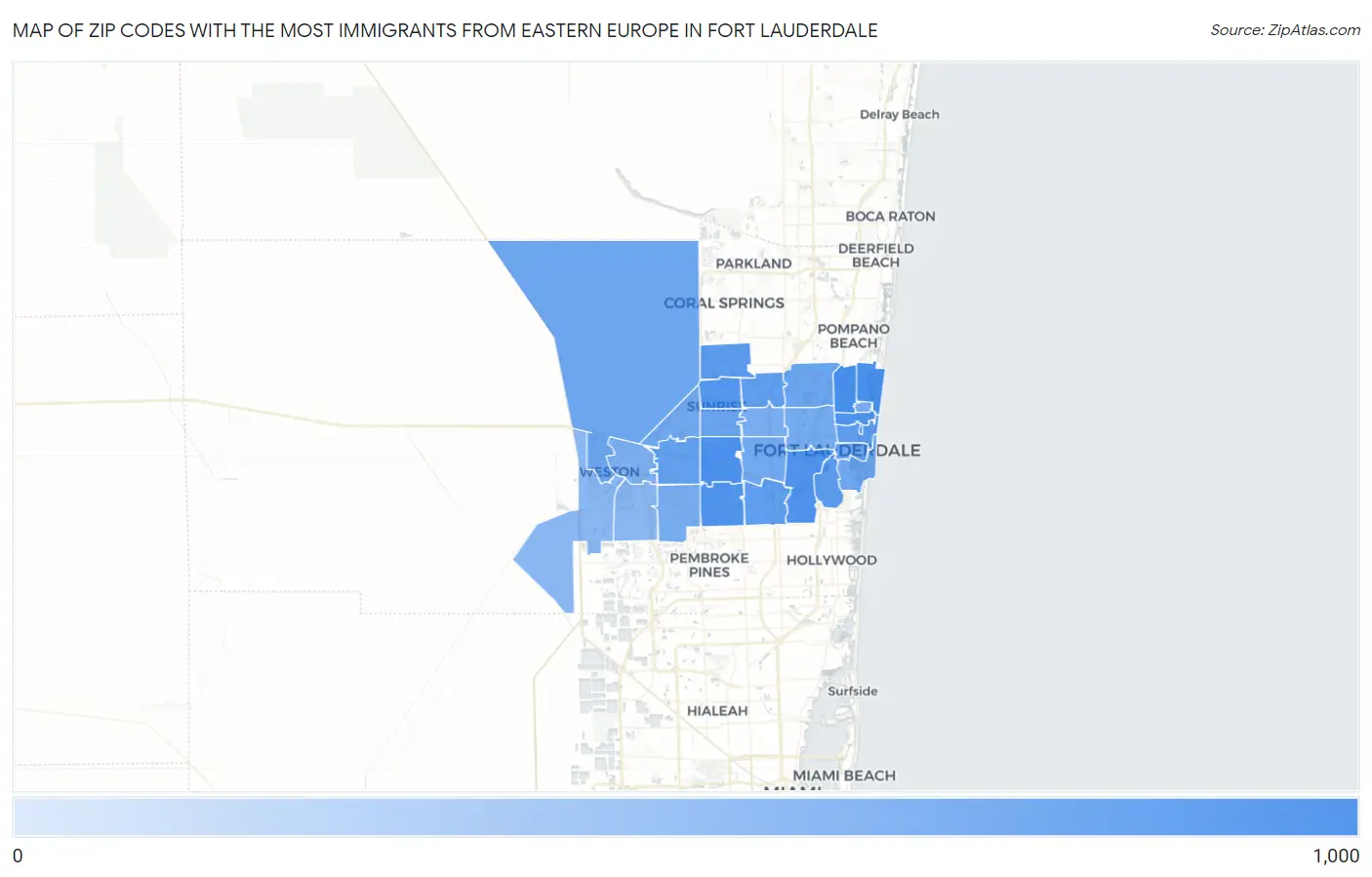 Zip Codes with the Most Immigrants from Eastern Europe in Fort Lauderdale Map