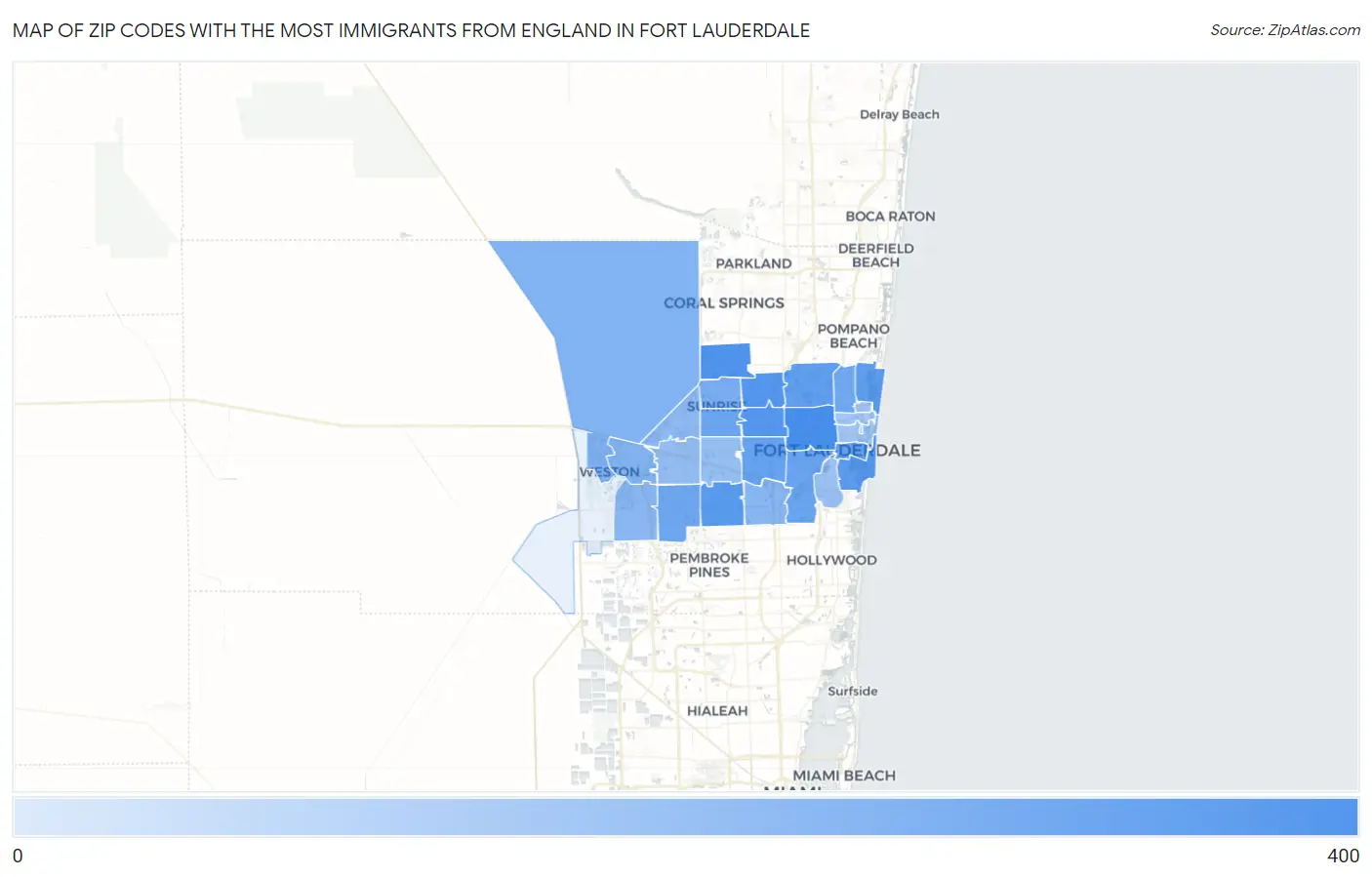 Zip Codes with the Most Immigrants from England in Fort Lauderdale Map