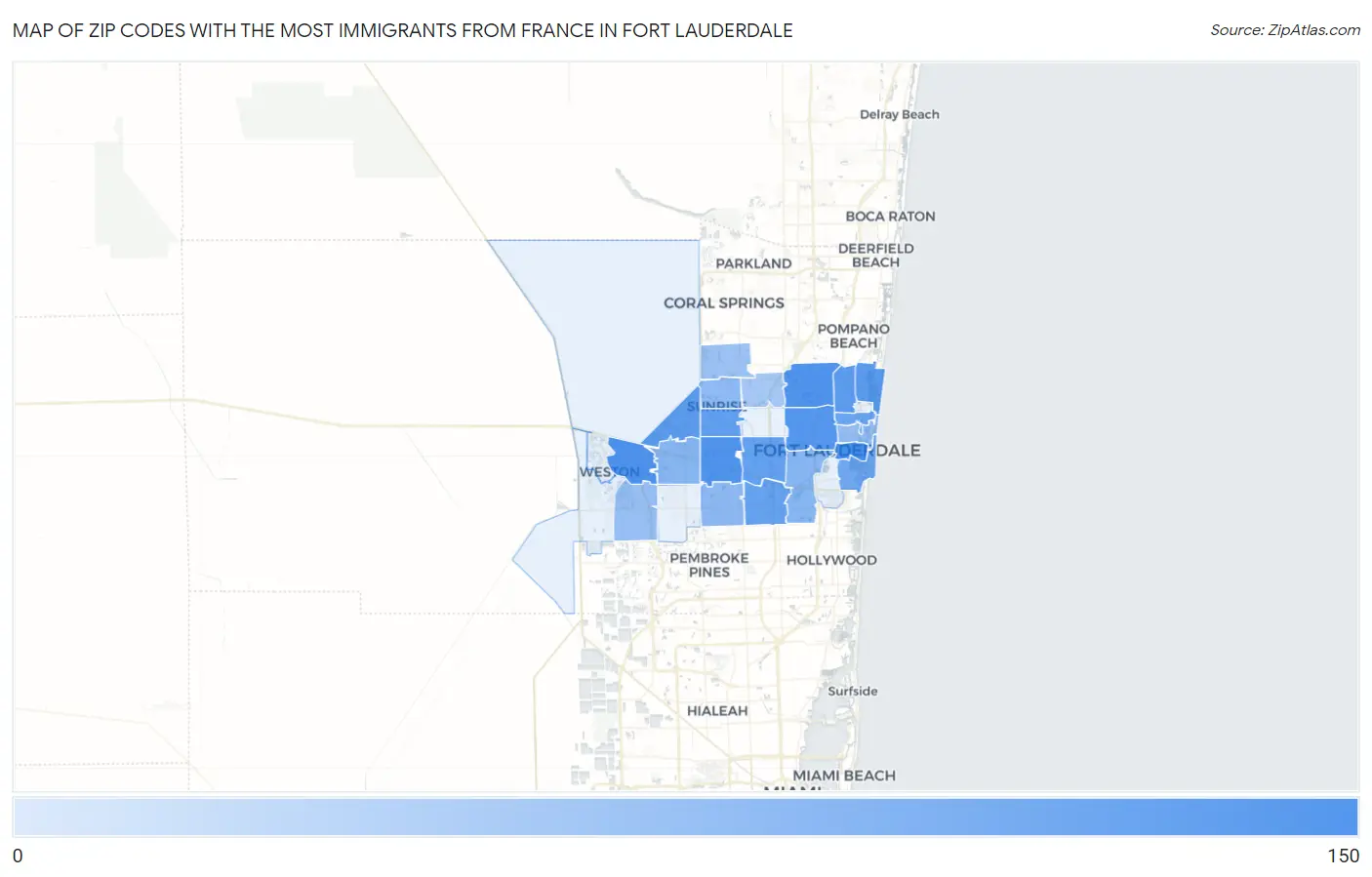 Zip Codes with the Most Immigrants from France in Fort Lauderdale Map