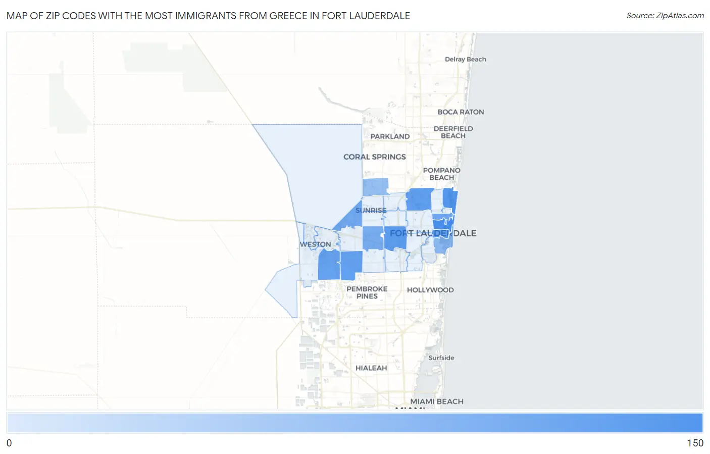 Zip Codes with the Most Immigrants from Greece in Fort Lauderdale Map