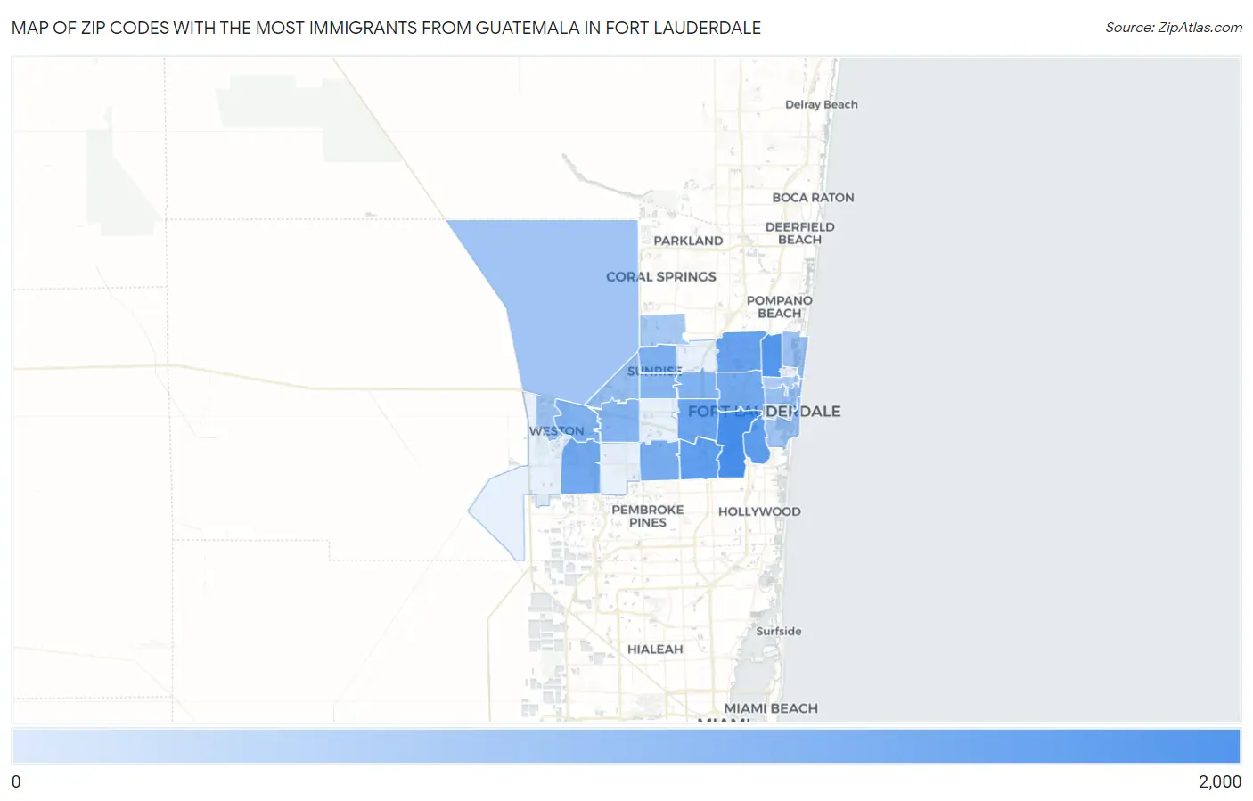 Zip Codes with the Most Immigrants from Guatemala in Fort Lauderdale Map