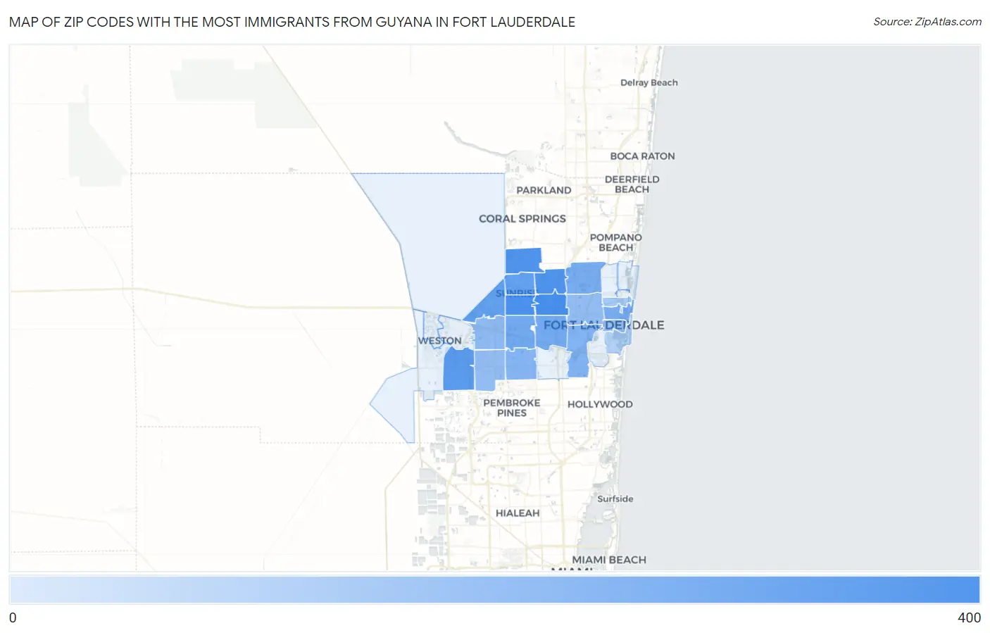 Zip Codes with the Most Immigrants from Guyana in Fort Lauderdale Map