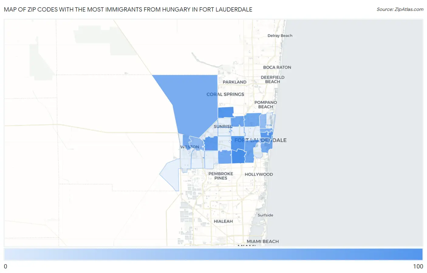 Zip Codes with the Most Immigrants from Hungary in Fort Lauderdale Map