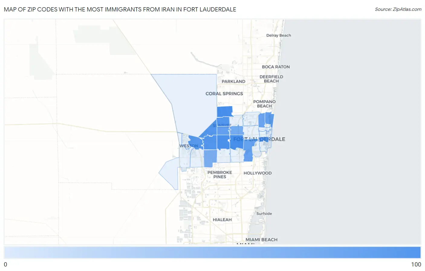 Zip Codes with the Most Immigrants from Iran in Fort Lauderdale Map