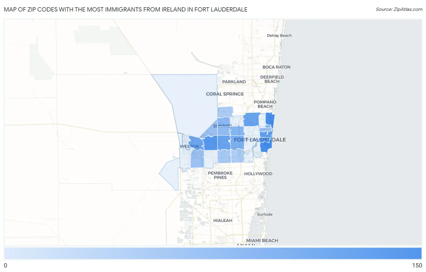 Zip Codes with the Most Immigrants from Ireland in Fort Lauderdale Map