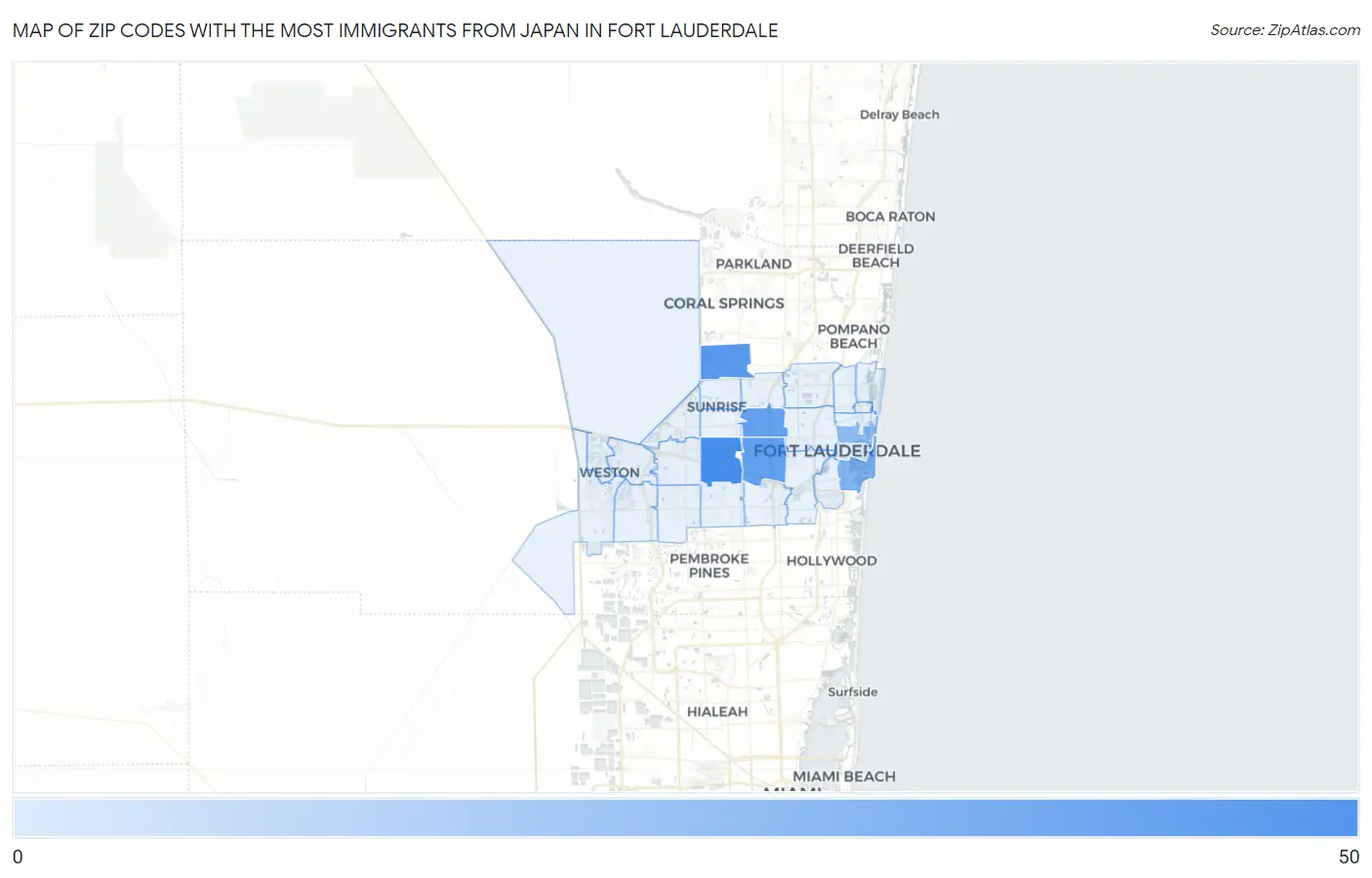 Zip Codes with the Most Immigrants from Japan in Fort Lauderdale Map