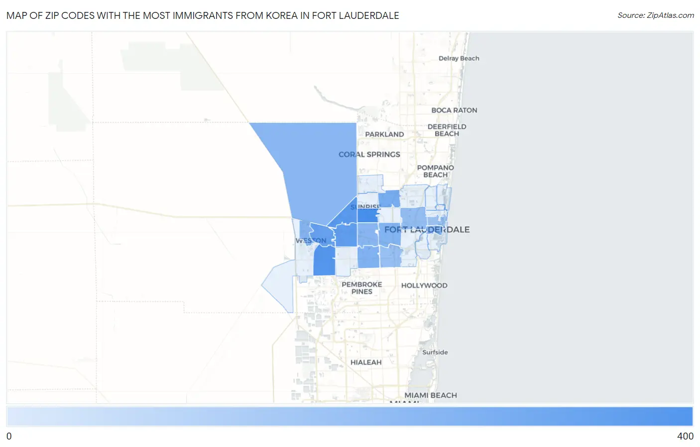Zip Codes with the Most Immigrants from Korea in Fort Lauderdale Map