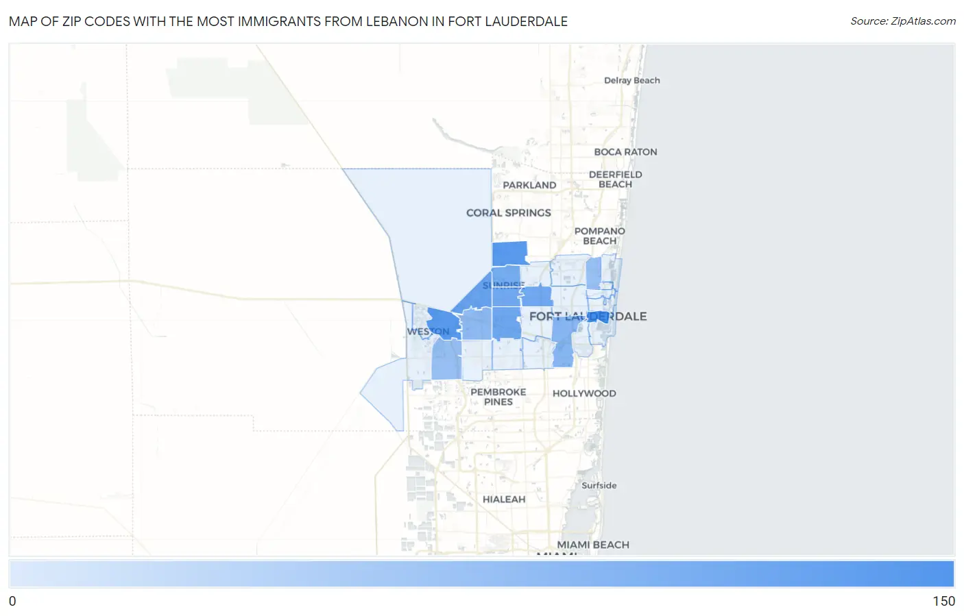 Zip Codes with the Most Immigrants from Lebanon in Fort Lauderdale Map