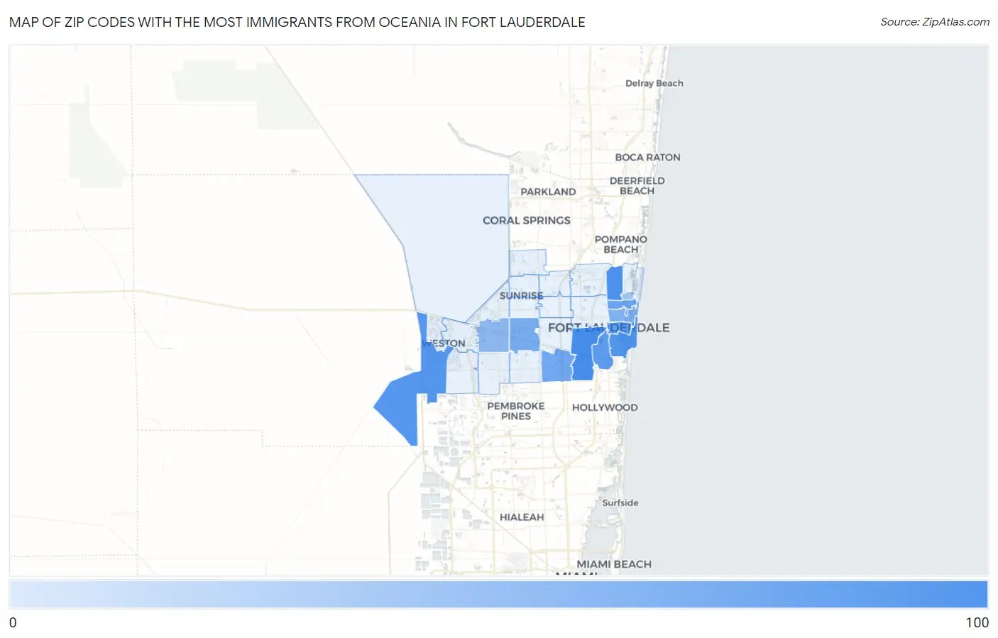 Zip Codes with the Most Immigrants from Oceania in Fort Lauderdale Map