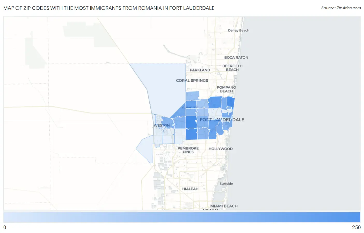 Zip Codes with the Most Immigrants from Romania in Fort Lauderdale Map