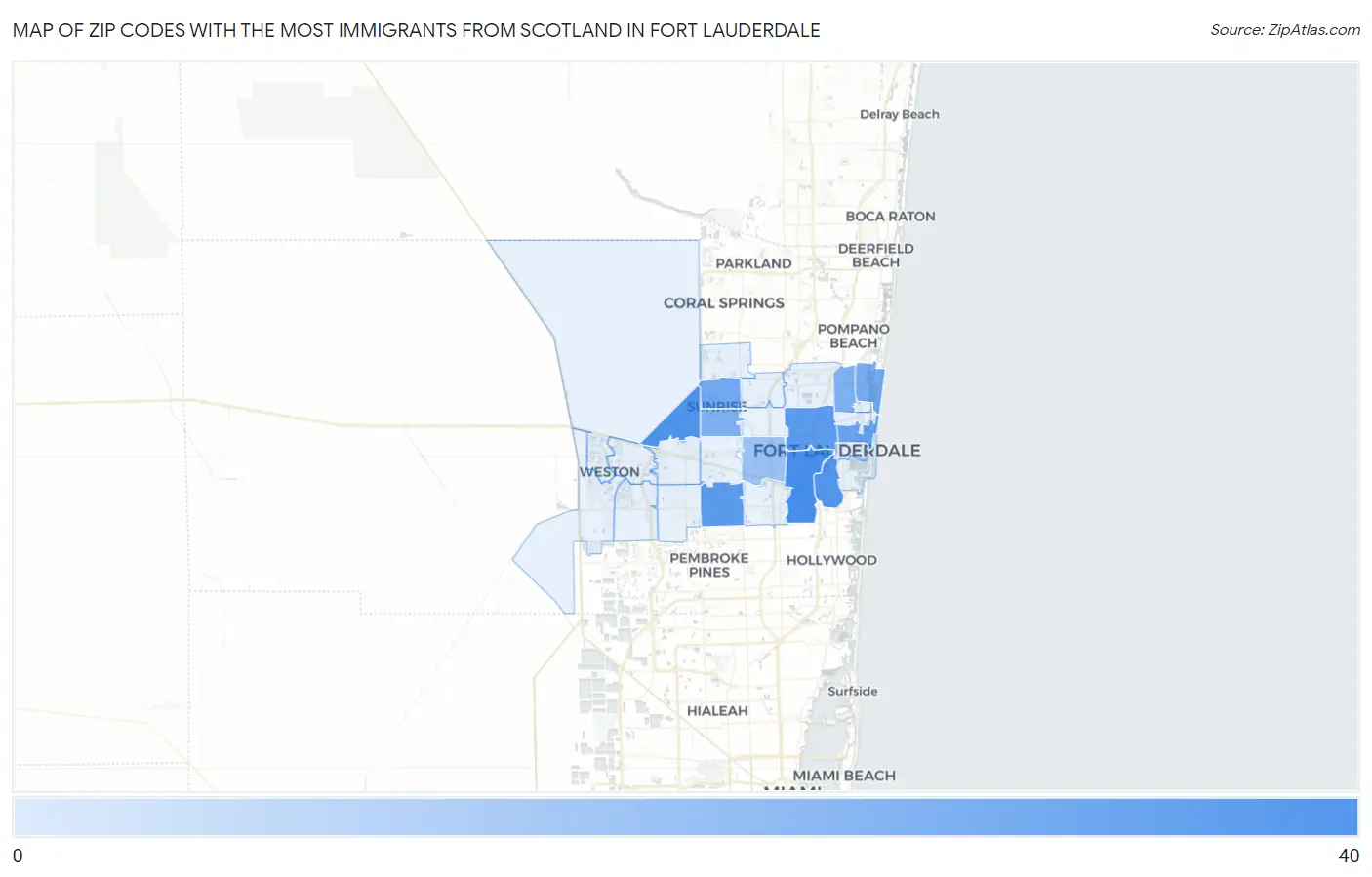 Zip Codes with the Most Immigrants from Scotland in Fort Lauderdale Map