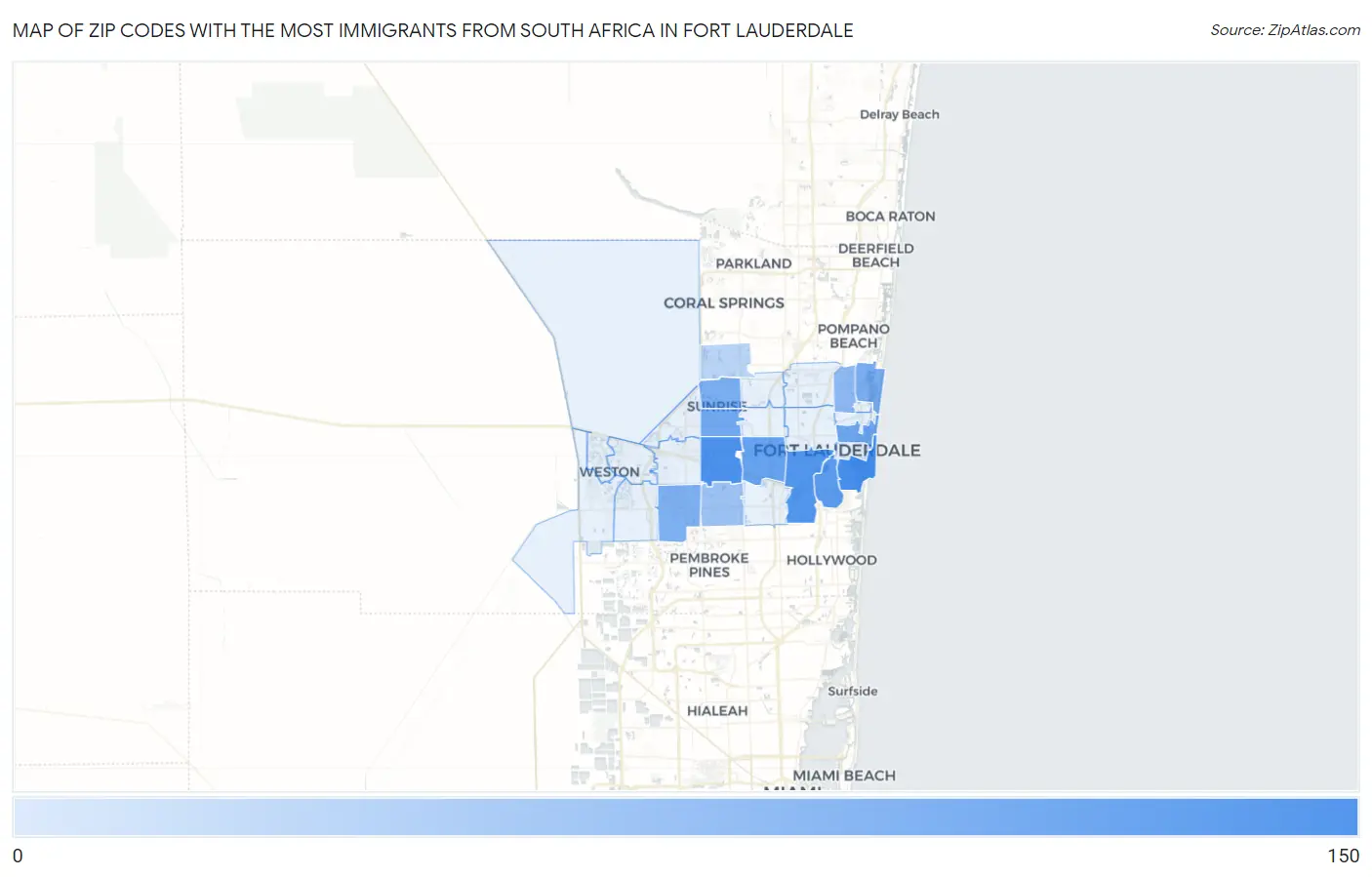 Zip Codes with the Most Immigrants from South Africa in Fort Lauderdale Map
