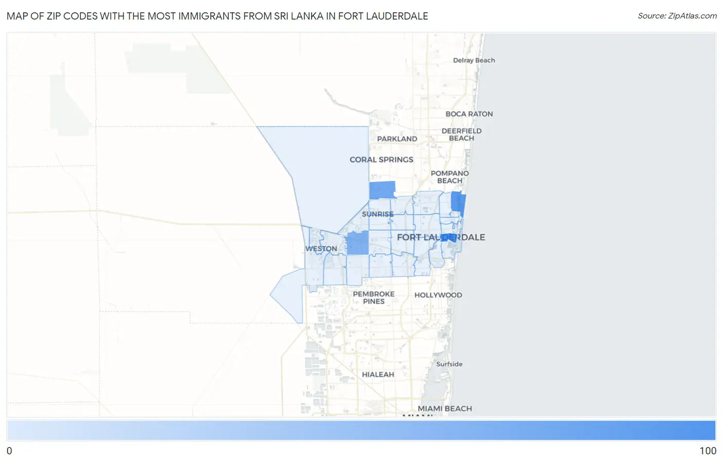 Zip Codes with the Most Immigrants from Sri Lanka in Fort Lauderdale Map