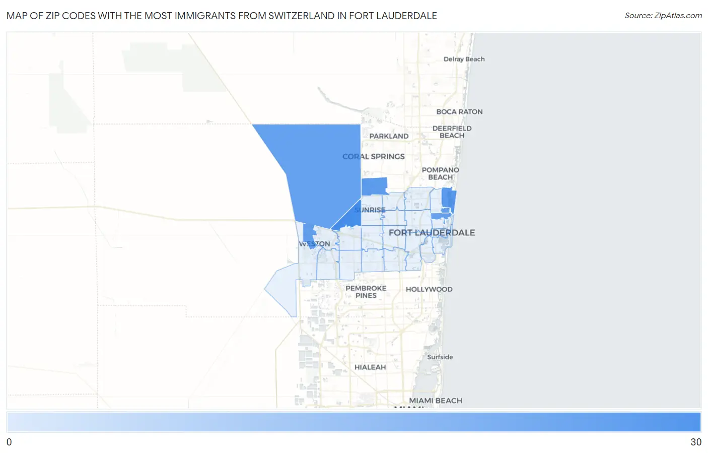 Zip Codes with the Most Immigrants from Switzerland in Fort Lauderdale Map