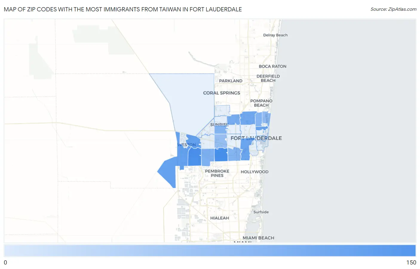 Zip Codes with the Most Immigrants from Taiwan in Fort Lauderdale Map