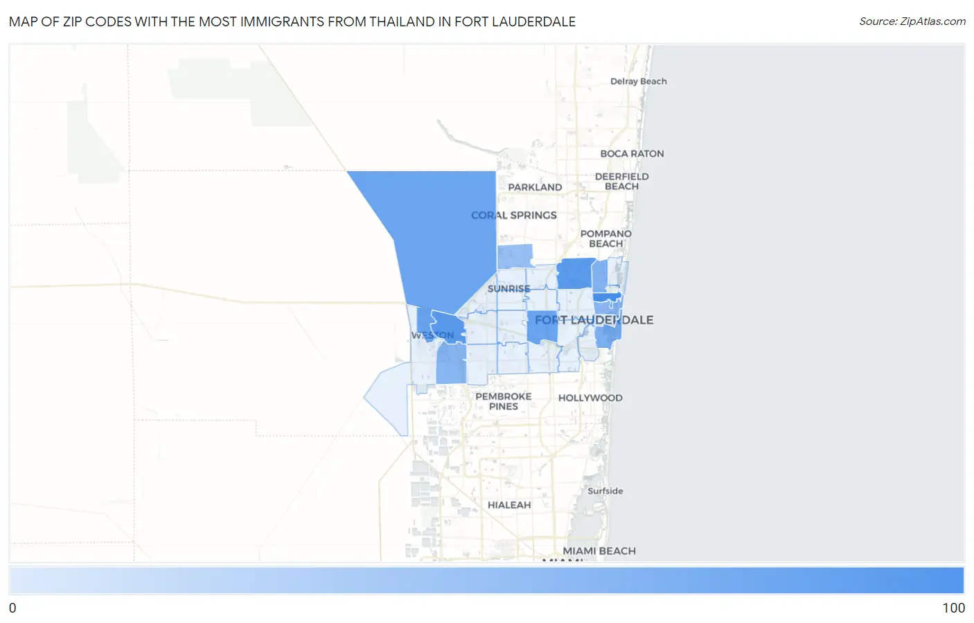 Zip Codes with the Most Immigrants from Thailand in Fort Lauderdale Map
